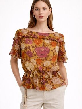 Massimo Dutti Silk Peplum Blouse Brown Orange Short Sleeve